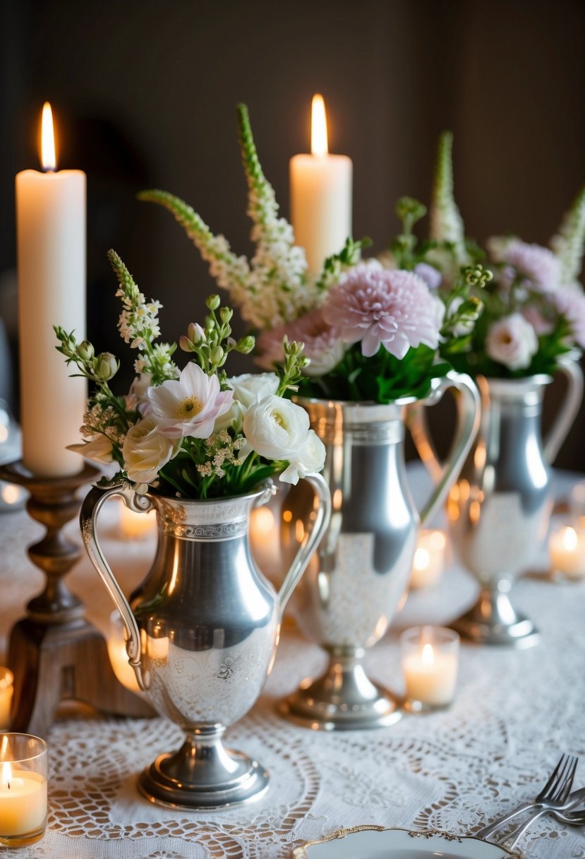 Silver antique vases arranged with delicate flowers on a lace tablecloth, surrounded by candlelight