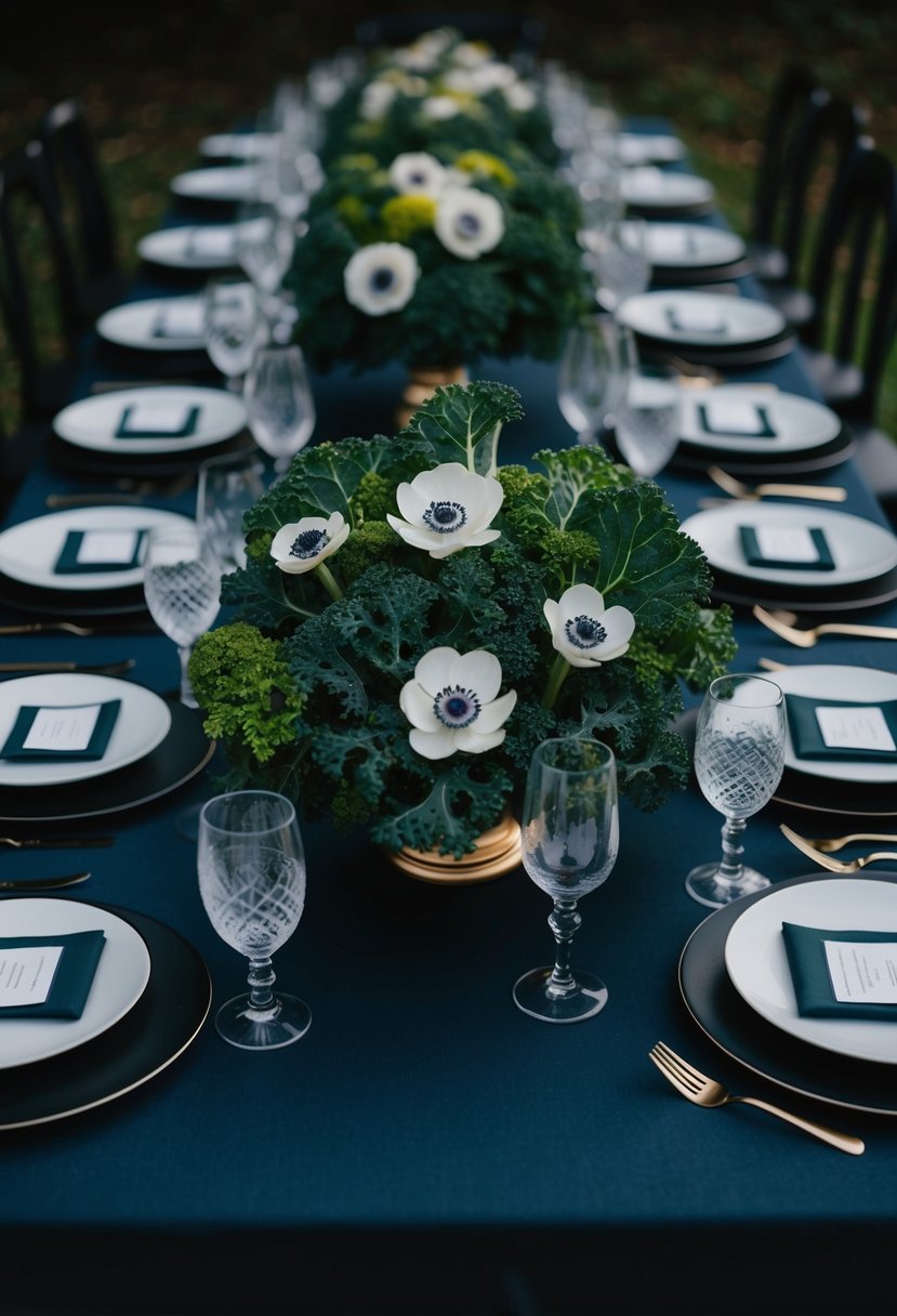 A dark and moody wedding table adorned with vibrant kale and anemone centerpieces, creating a striking and unique decoration