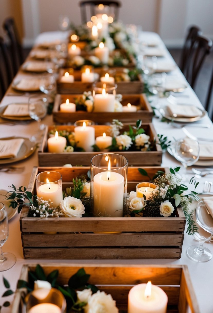 Wooden crates overflow with candles and flowers, creating a vintage chic wedding table centerpiece