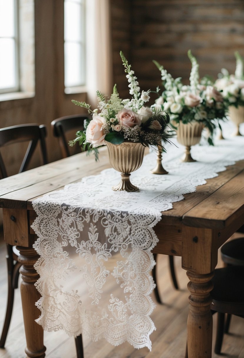 A lace table runner drapes elegantly over a rustic wooden table, adorned with vintage-inspired centerpieces and delicate floral arrangements