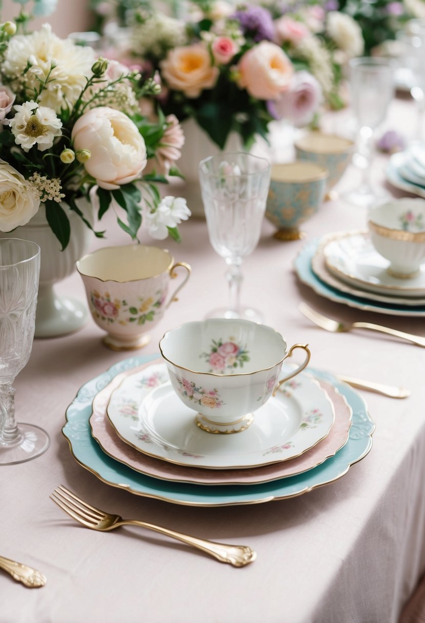 A table set with mismatched vintage china, featuring delicate floral patterns and pastel colors, creating an eclectic and charming atmosphere for a vintage chic wedding