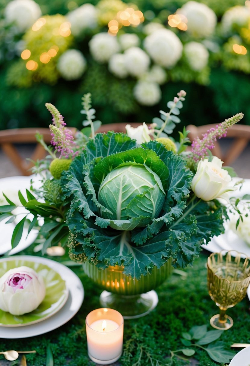 A lush, green table centerpiece with kale and cabbage, accented with delicate flowers and foliage