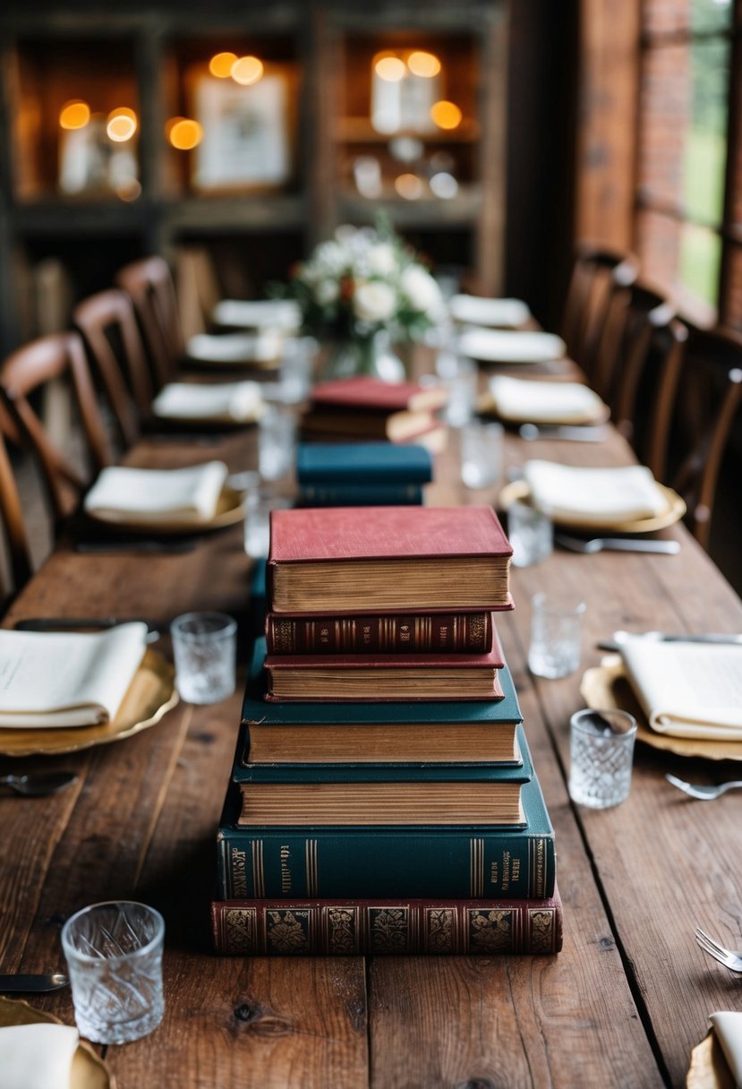 A rustic table adorned with stacked old books, serving as vintage chic wedding decor