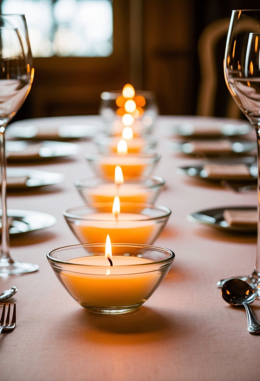 Glass bowls hold floating candles, casting a warm, romantic glow on a vintage chic wedding table