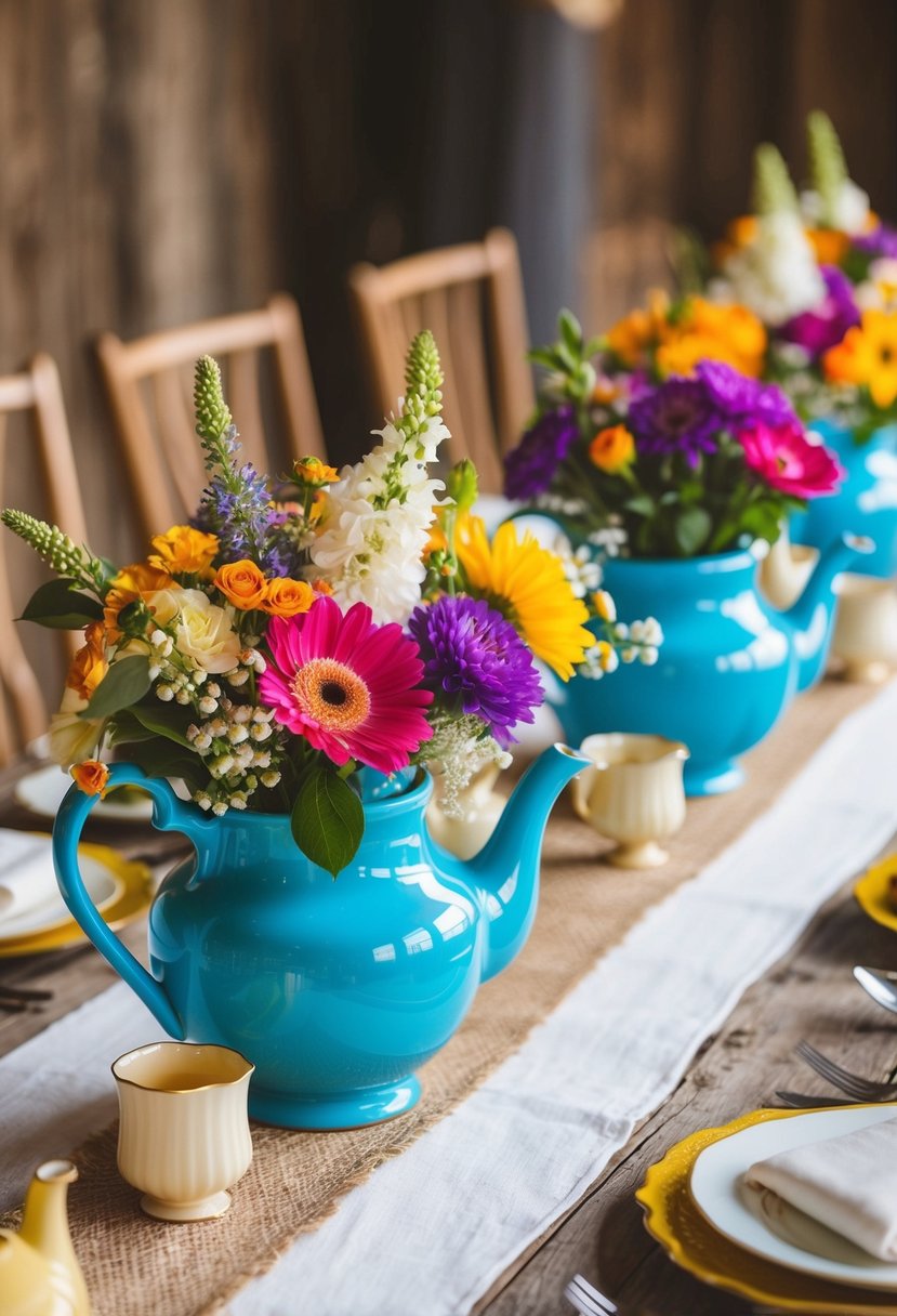 Vintage teapots filled with vibrant flowers adorn a rustic wedding table, creating a charming and elegant centerpiece