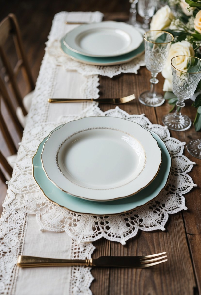 Delicate lace doilies layered under vintage china on a rustic wooden table for a chic wedding setting