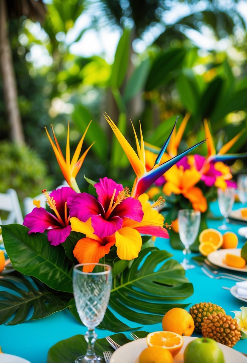 A vibrant tropical wedding table adorned with hibiscus and bird of paradise flowers, set against a backdrop of lush greenery and exotic fruits