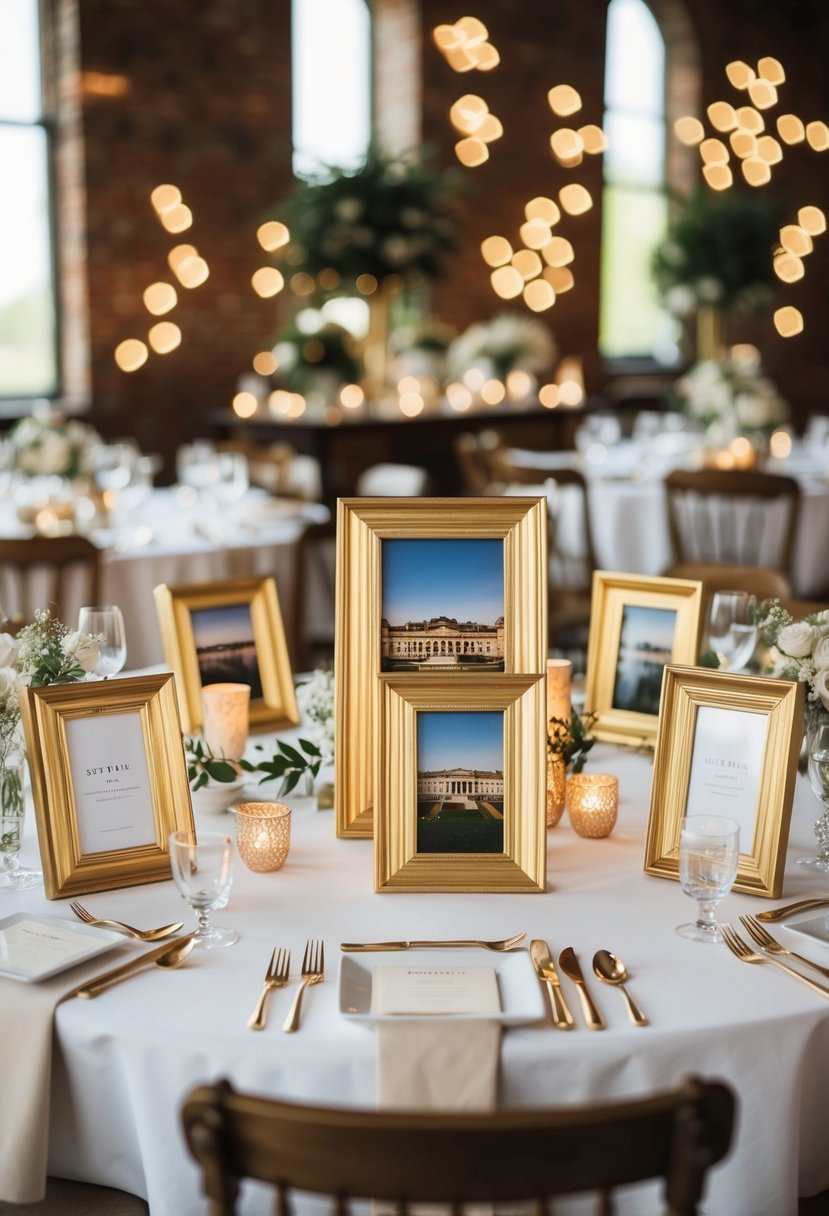 Gilded picture frames arranged on vintage table settings for a chic wedding decor