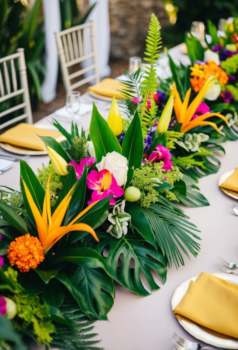 A lush arrangement of tropical leaves and flowers adorns a wedding table, creating a vibrant and colorful centerpiece