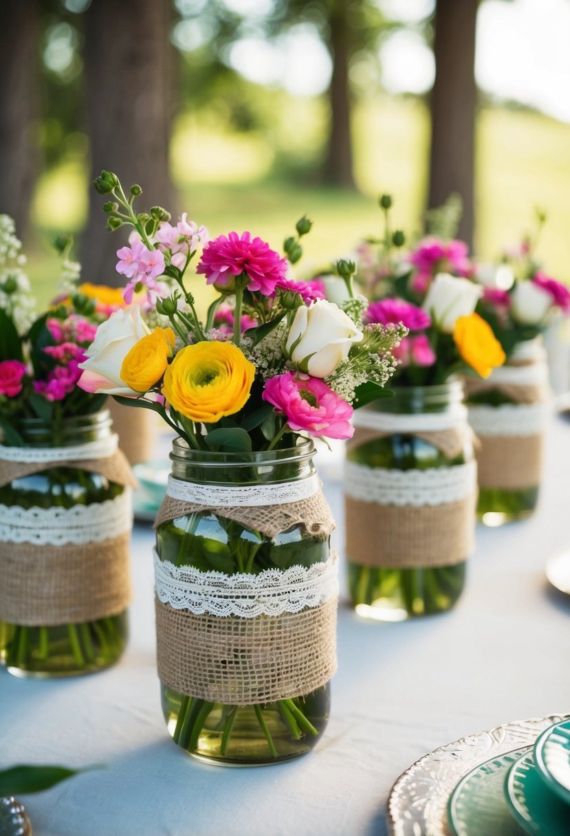 Mason jars filled with flowers, wrapped in burlap and lace, adorn a vintage chic wedding table