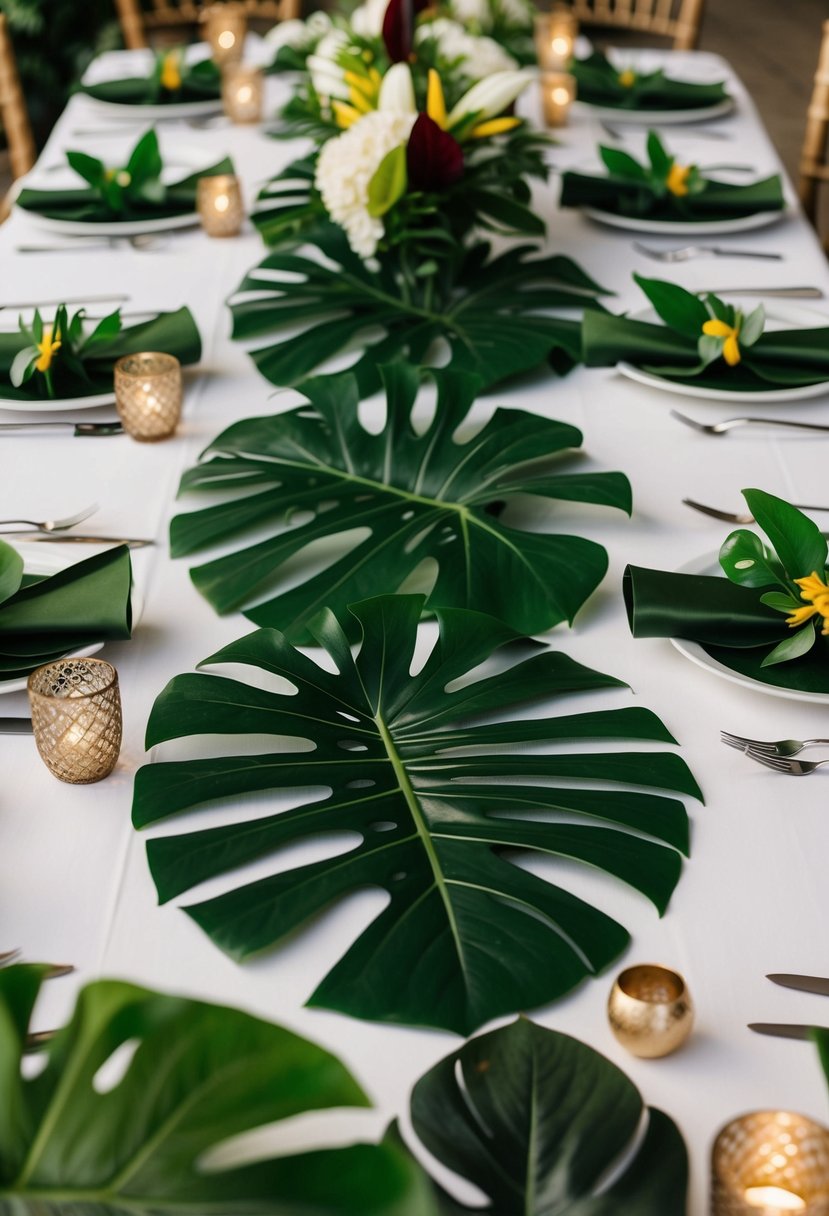 Lush Monstera leaves arranged on white linens for a tropical wedding table decoration