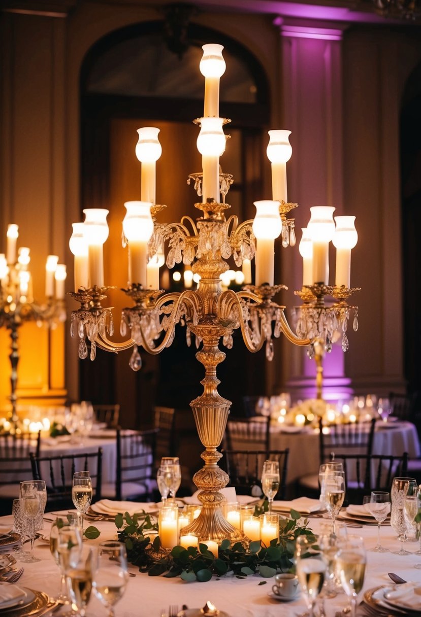 A grand Victorian candelabra centerpiece illuminates a vintage chic wedding table, casting a warm and dramatic glow