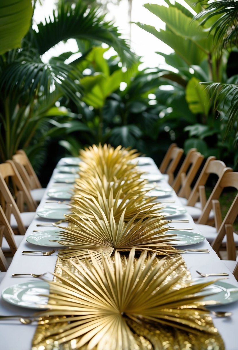 A table adorned with golden palm leaf runners, surrounded by lush tropical foliage