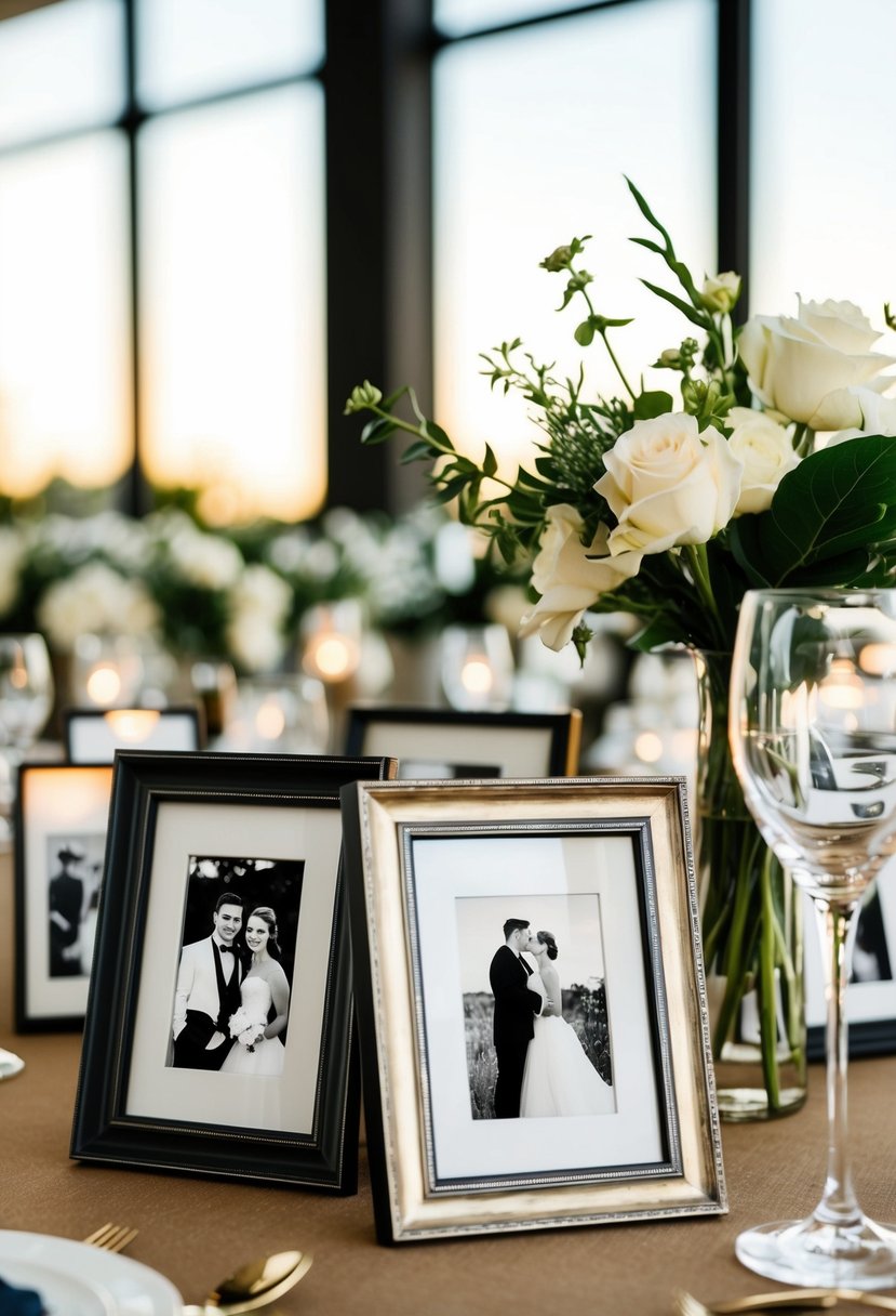 A table adorned with vintage black-and-white framed photos, creating a nostalgic and chic wedding decor