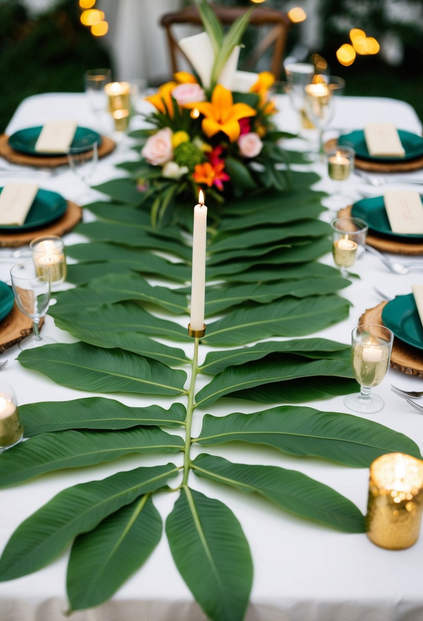 Banana leaves laid out as placemats on a wedding reception table, surrounded by tropical flowers and candles