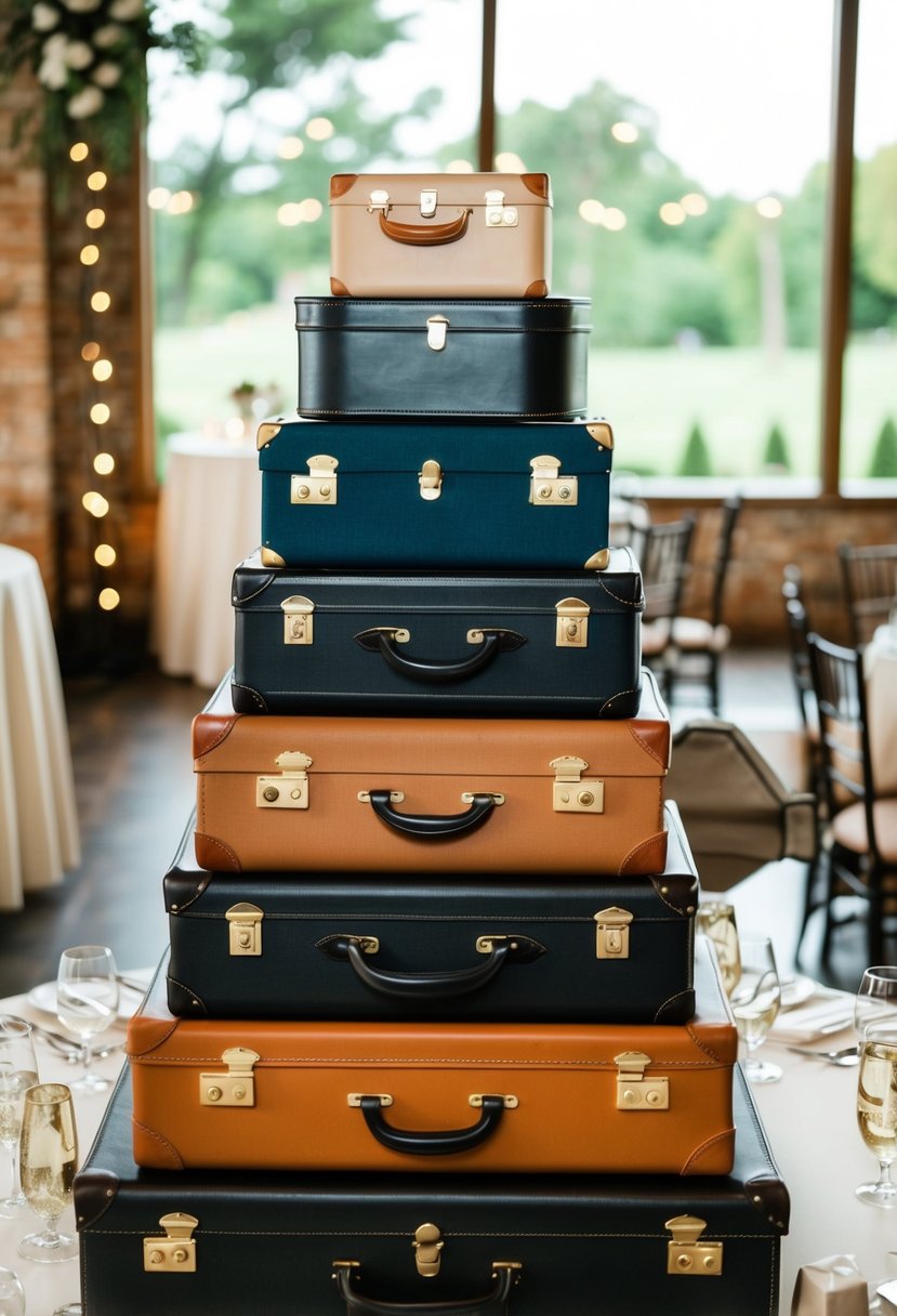 A stack of vintage suitcases arranged as a table decoration for a chic wedding