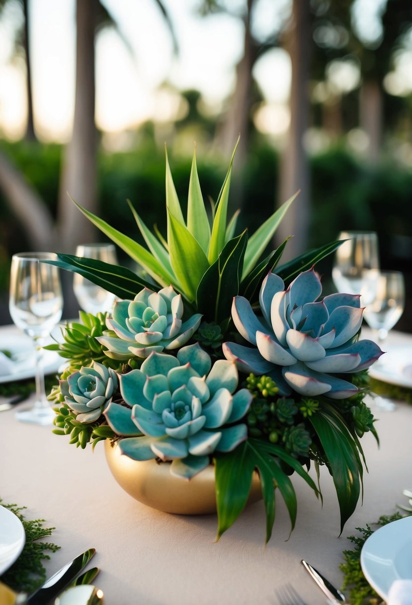 A cluster of succulents and tropical leaves arranged on a wedding table