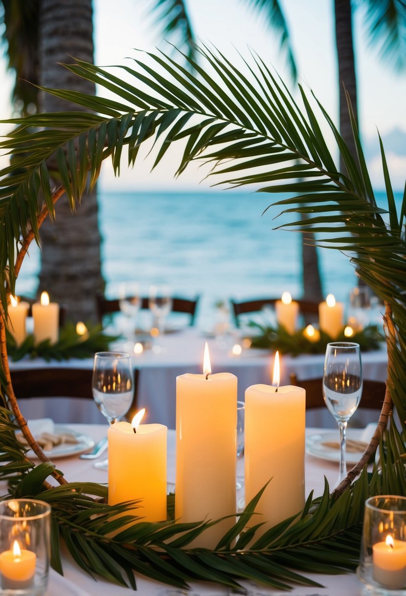 Palm fronds encircle candles on a tropical wedding table