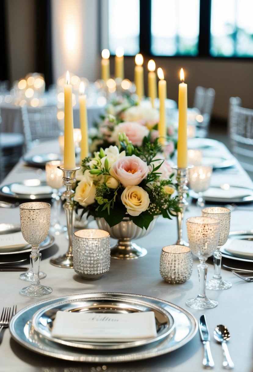 A silver table adorned with glittering candle holders, elegant floral centerpieces, and sparkling tableware