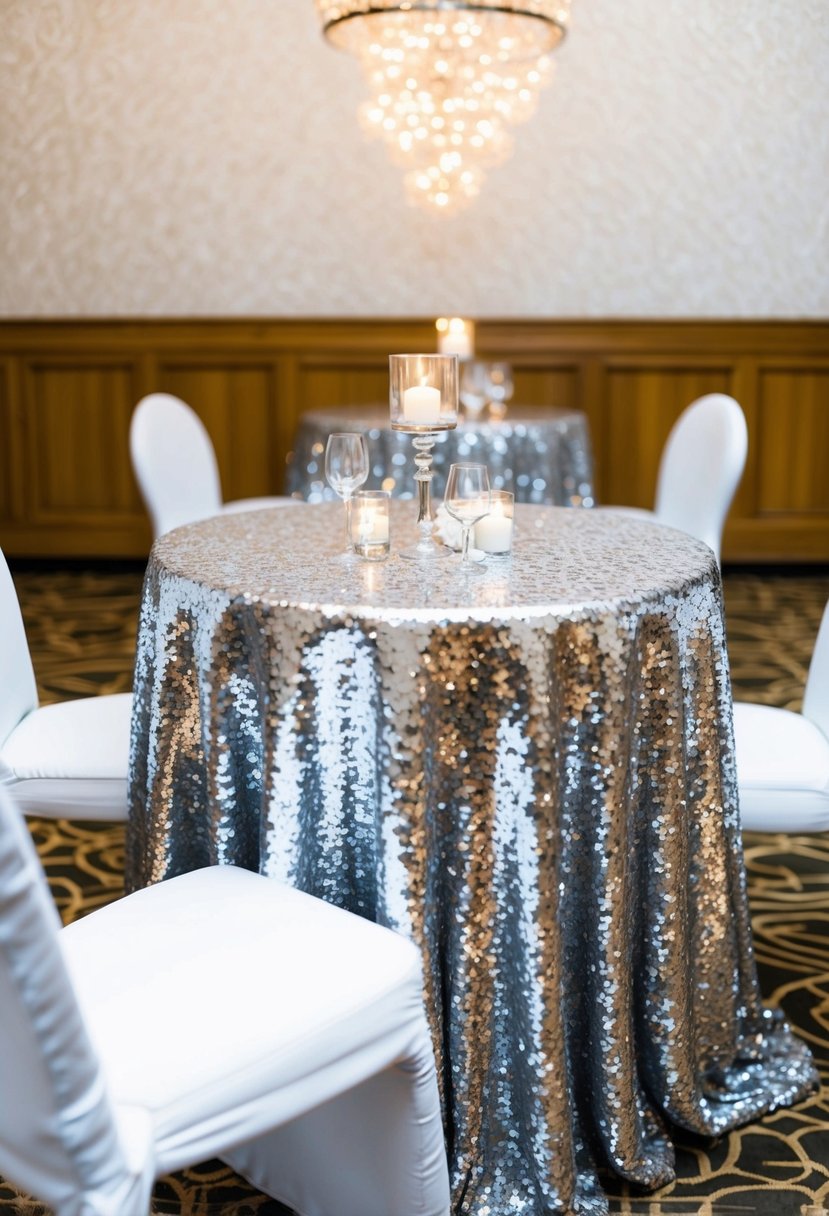 Shimmering silver sequin tablecloths cover elegant wedding tables, reflecting light and adding glamour to the decor