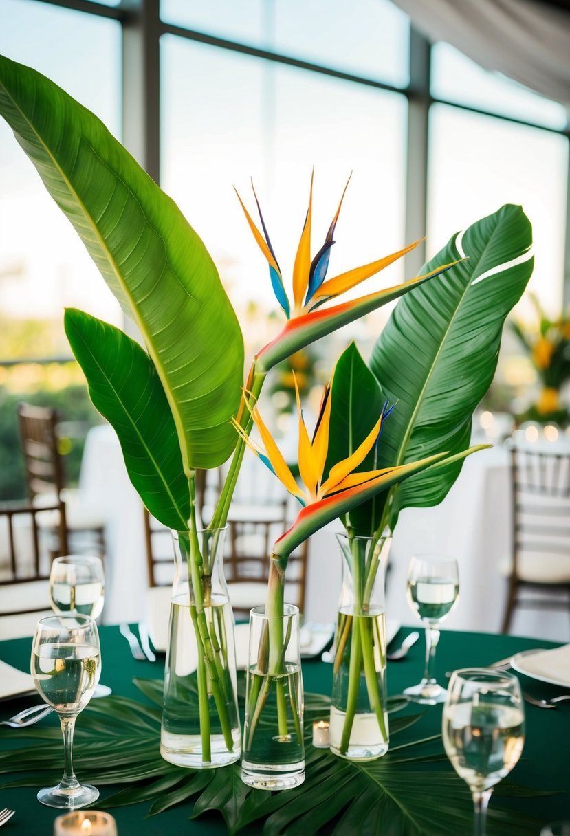 Bird of Paradise and tropical leaves arranged in vases for a wedding table centerpiece