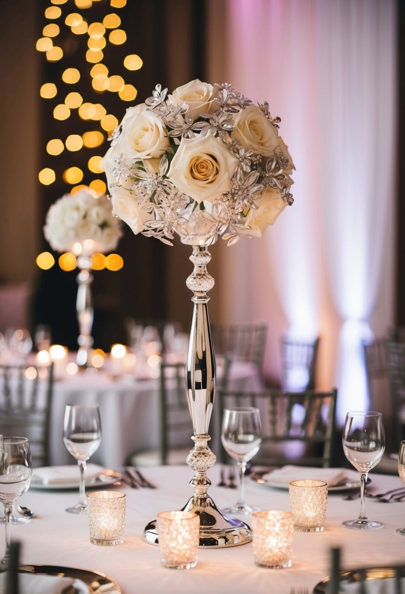 A silver crystal flower stand centerpiece adorns a wedding table, sparkling in the soft glow of candlelight