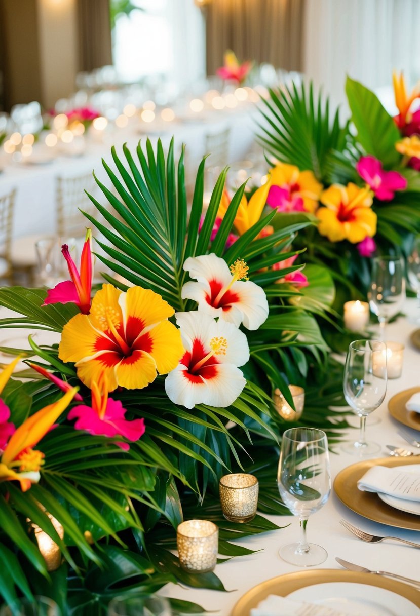 A lush, tropical table centerpiece with vibrant hibiscus flowers and elegant areca palm leaves arranged in a stunning wedding decoration