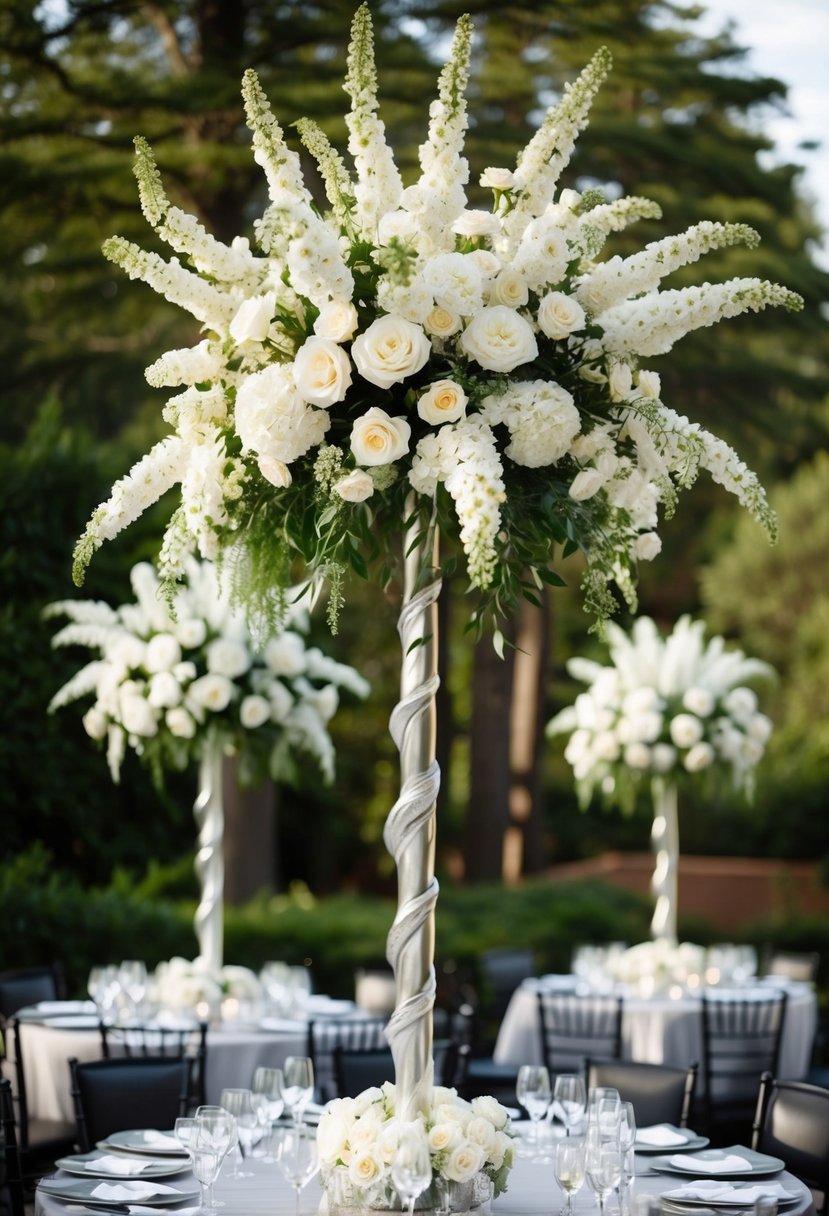 Tall trees adorned with white flowers serve as centerpieces for silver-themed wedding tables