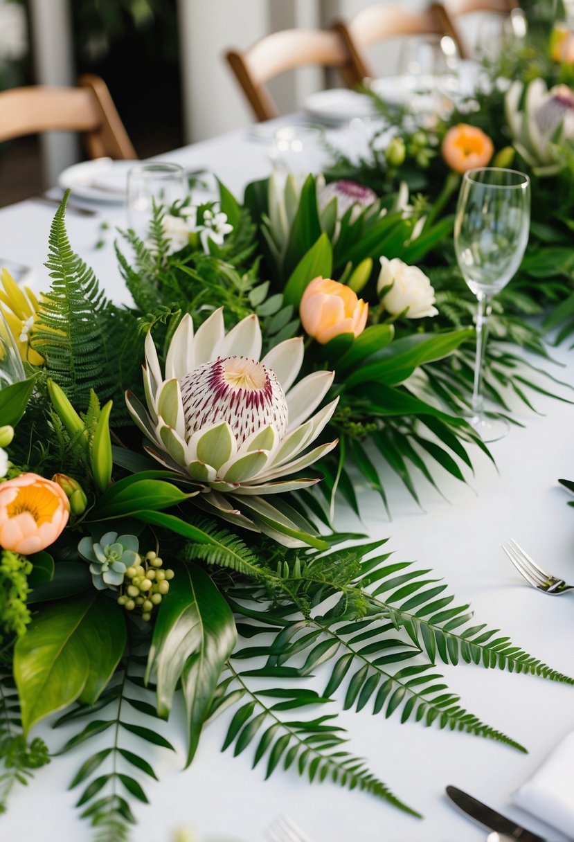 A lush arrangement of protea and ferns adorns a wedding table, creating a tropical and elegant centerpiece