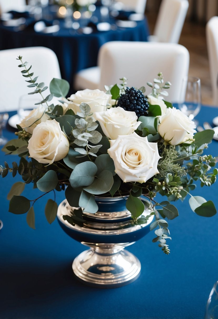 A silver and navy blue vase holds a lush arrangement of white roses, eucalyptus, and silver foliage, set on a navy blue tablecloth