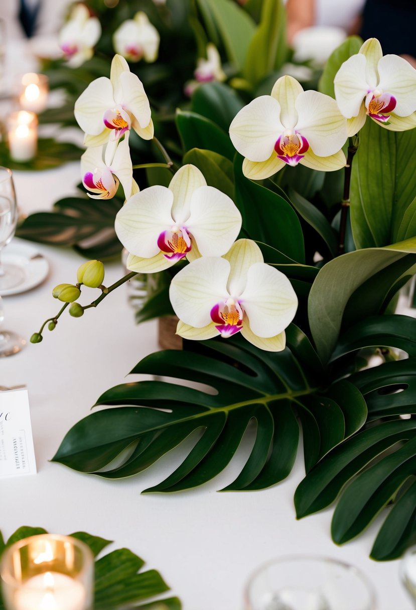 Lush green tropical leaves surround delicate orchids on a wedding reception table