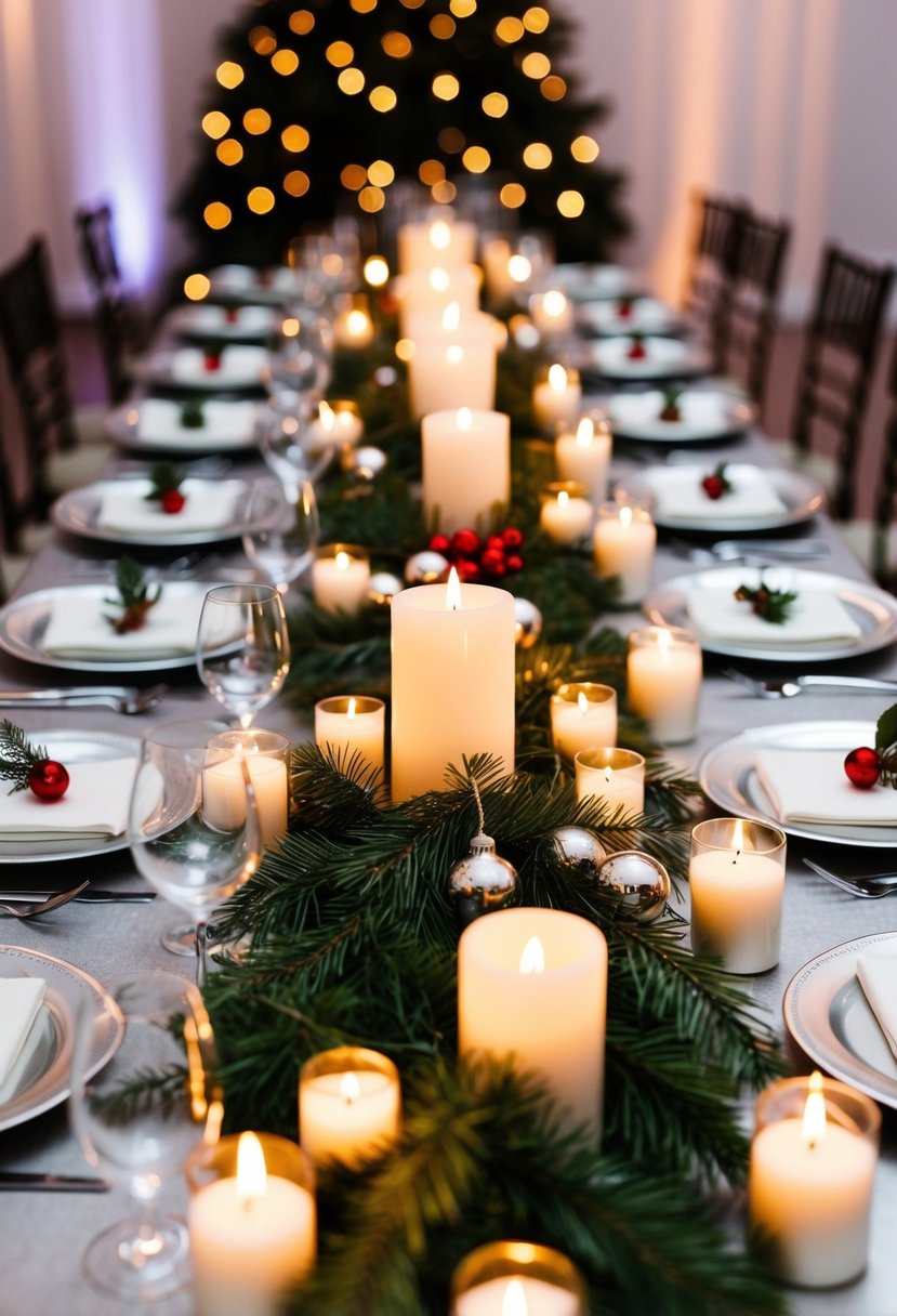 A silver wedding table adorned with floating candles and Christmas bulbs