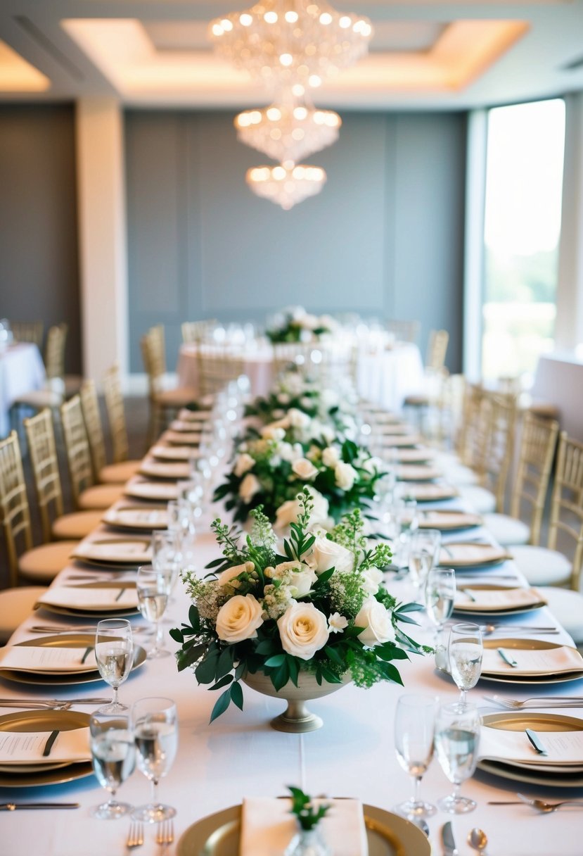 A U-shaped wedding table adorned with floral centerpieces and elegant place settings