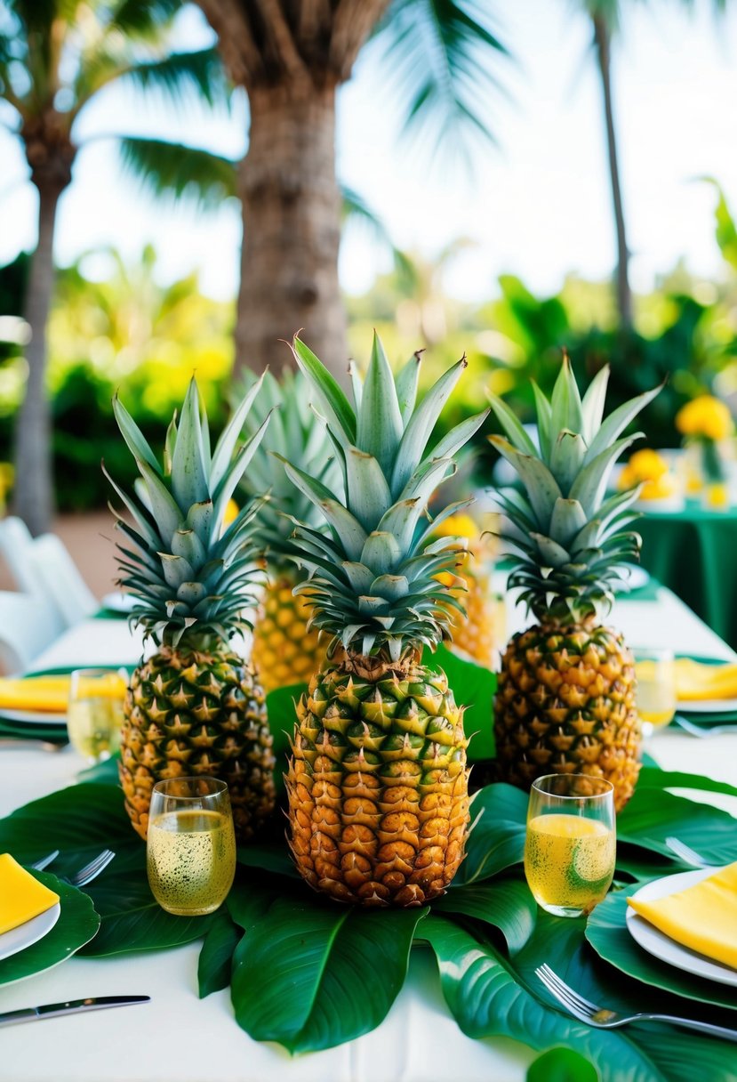 Tables adorned with vibrant pineapple centerpieces surrounded by lush tropical leaves, creating a lively and exotic wedding table decoration