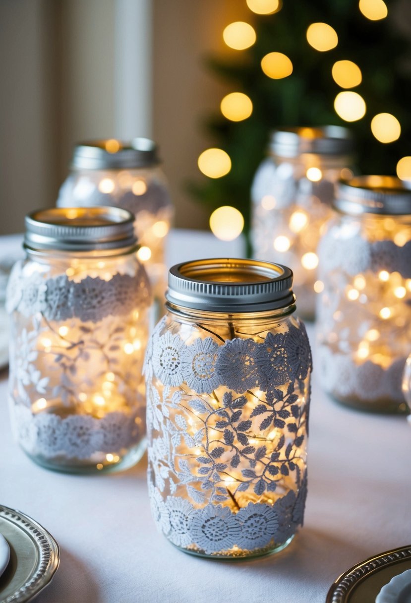 Silver lace-wrapped jars filled with twinkling lights, arranged as elegant wedding table decor