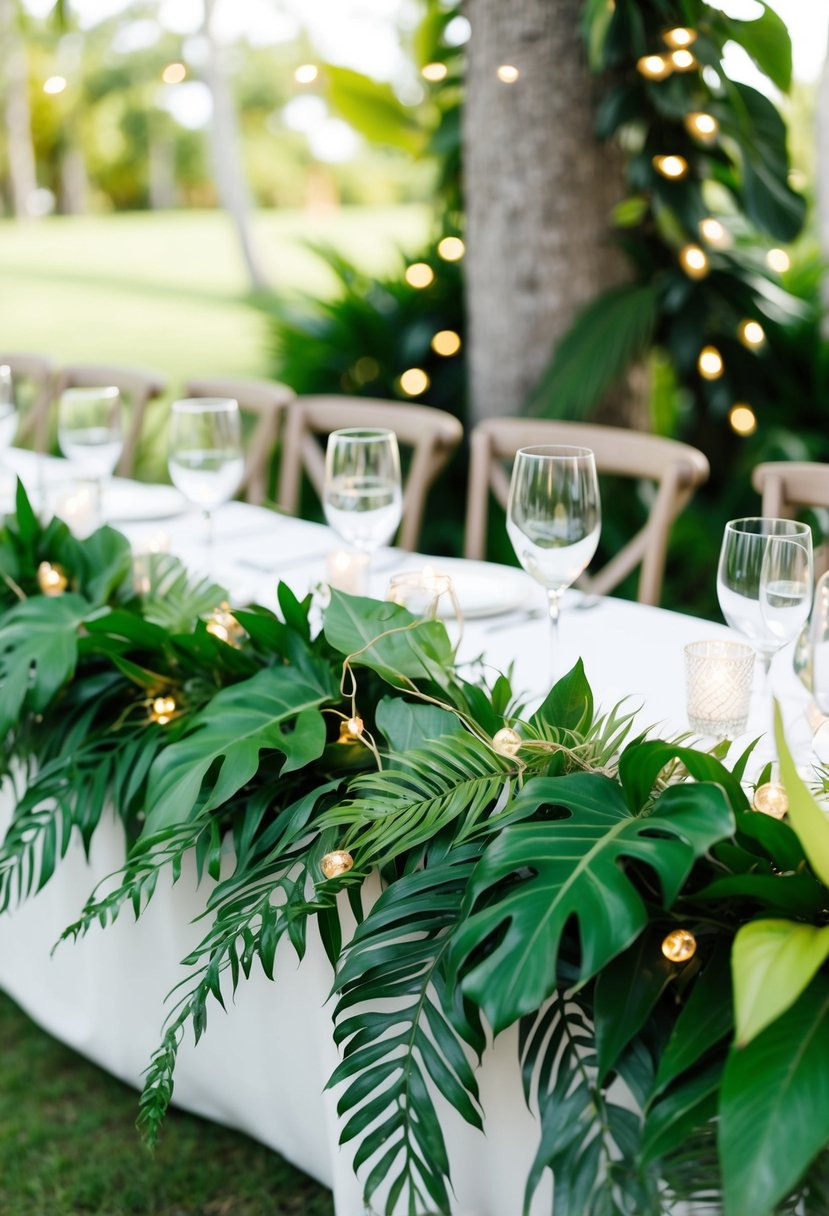 Lush tropical foliage intertwined with delicate string lights adorning a wedding table