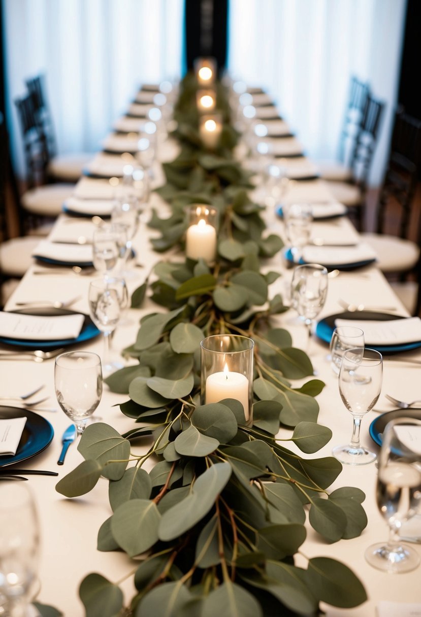 Eucalyptus runners adorn a U-shaped wedding table, adding a natural touch to the elegant decoration