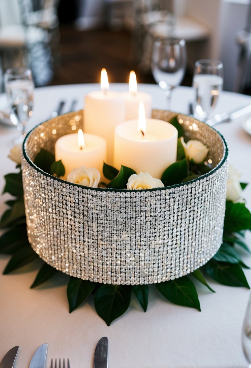 A sparkling silver bling wrap encircles a centerpiece of white flowers and candles on a wedding reception table