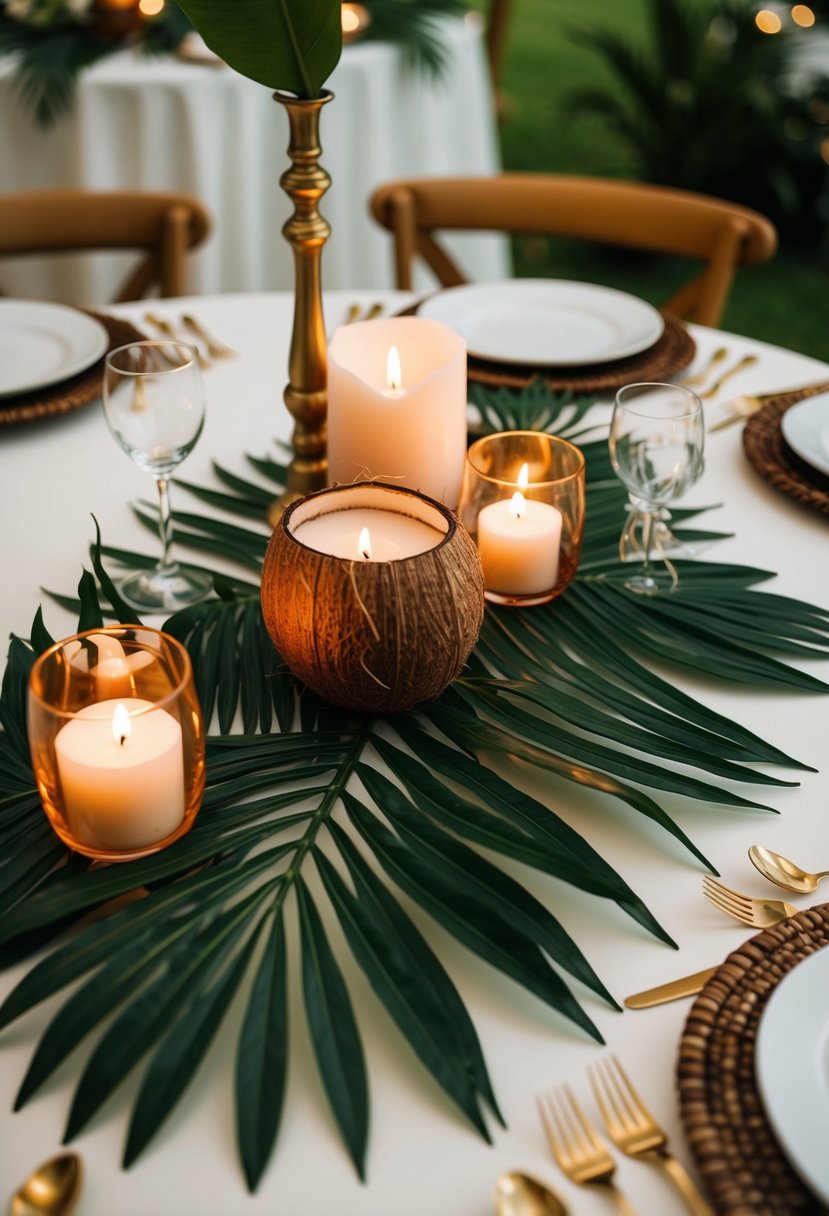 A table adorned with tropical leaves and coconut shell candles for a wedding decoration