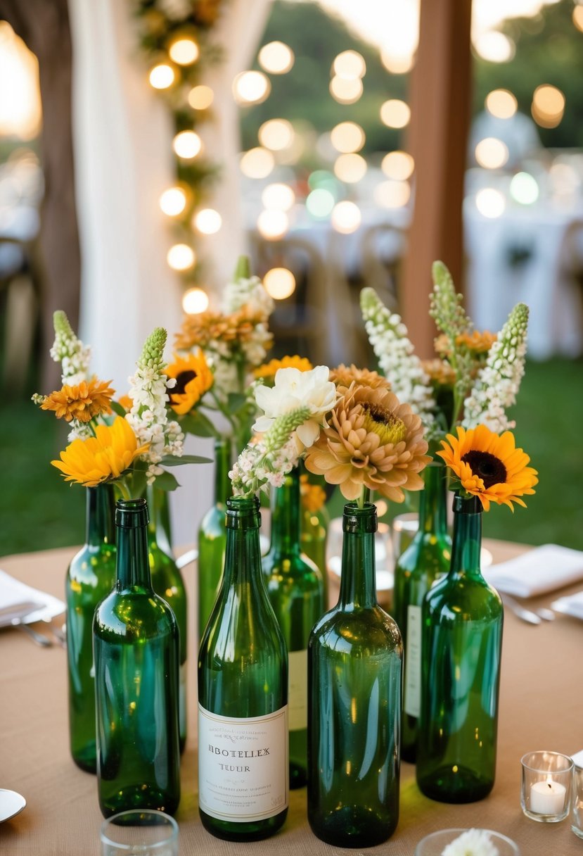 A U-shaped table adorned with a mix of rustic bottle flowers for a wedding decoration