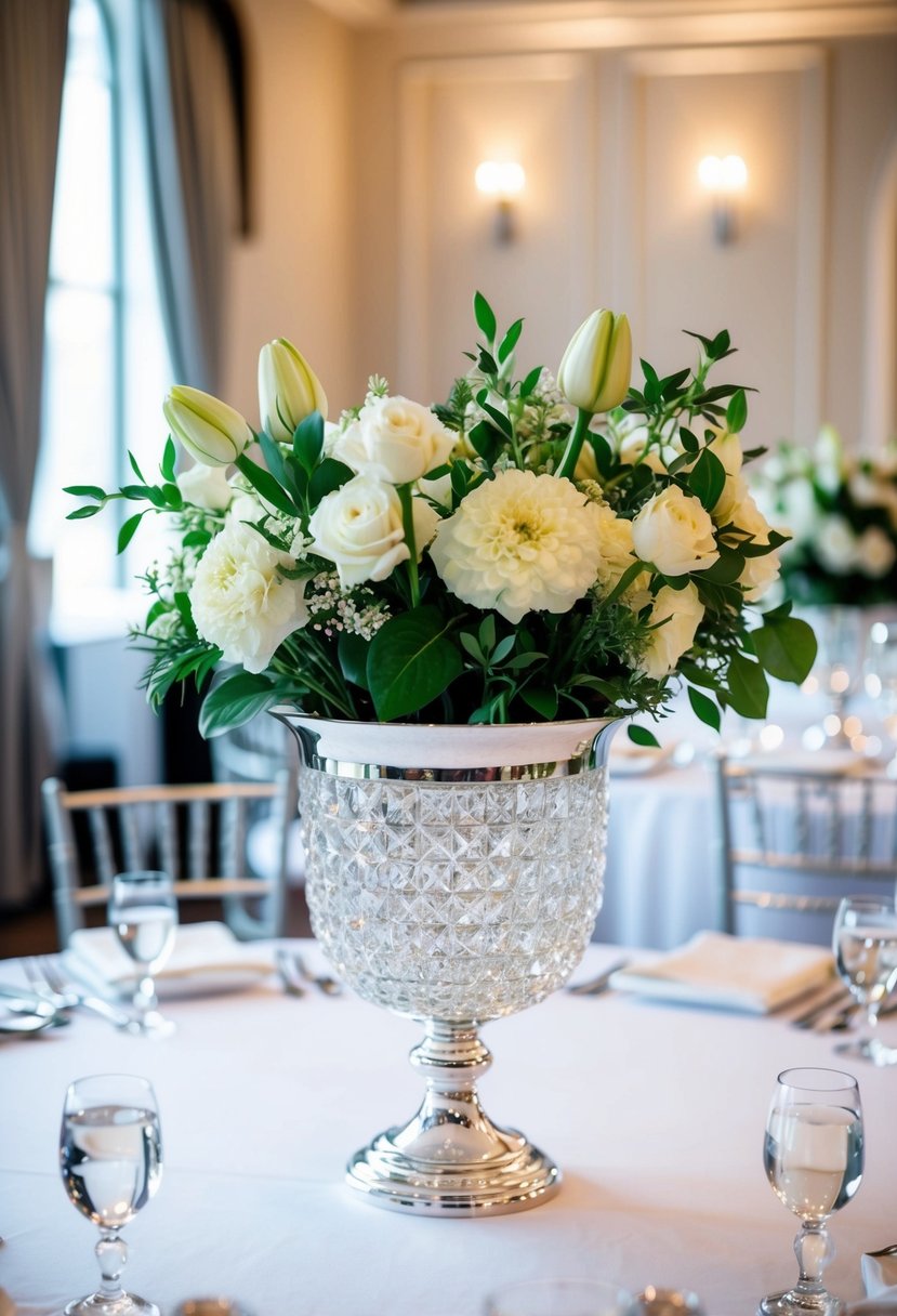 A crystal silver metal vase filled with fresh flowers stands as a stunning centerpiece on a silver-themed wedding table