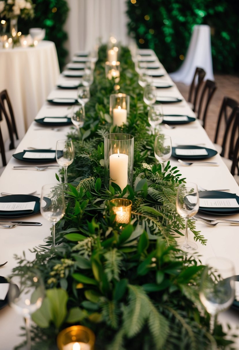 Lush greenery cascades along the U-shaped wedding table, creating a natural and elegant decoration