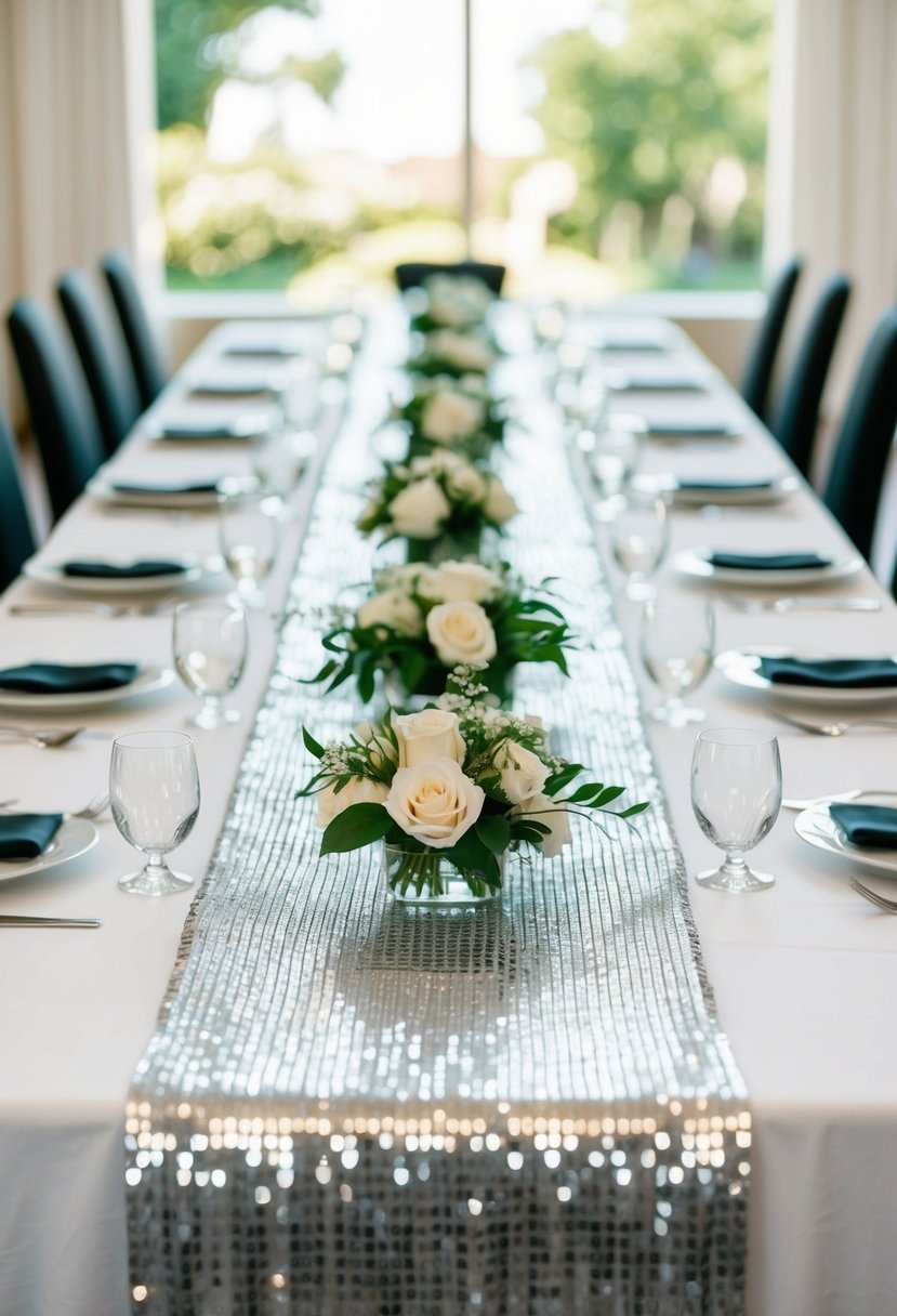 A long, shimmering silver table runner drapes across a sleek, elegant dining table, adding a touch of sophistication to the wedding decor