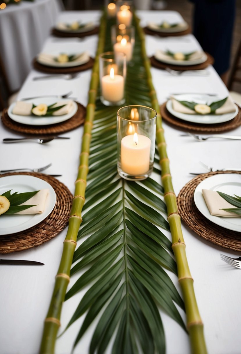 A bamboo and tropical leaf table runner adorns a wedding reception table, adding a natural and elegant touch to the decor