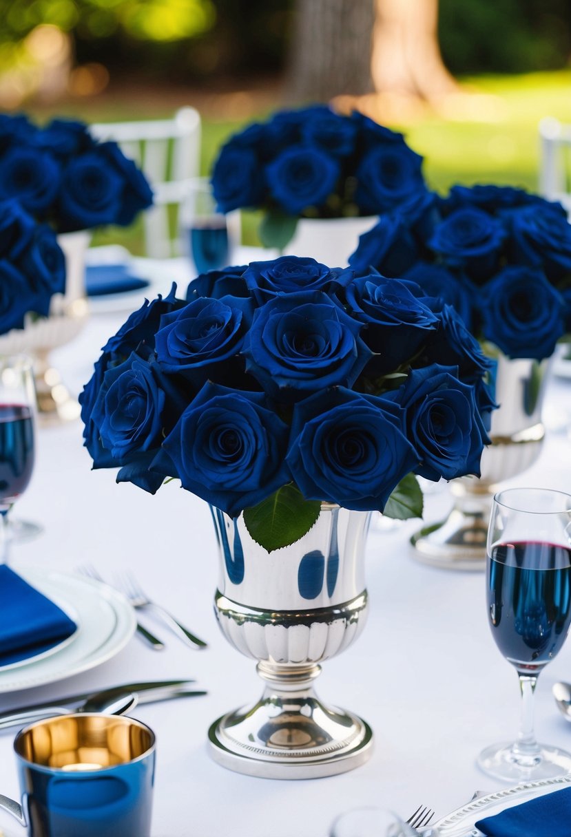 Navy blue roses arranged in silver vases on a wedding table