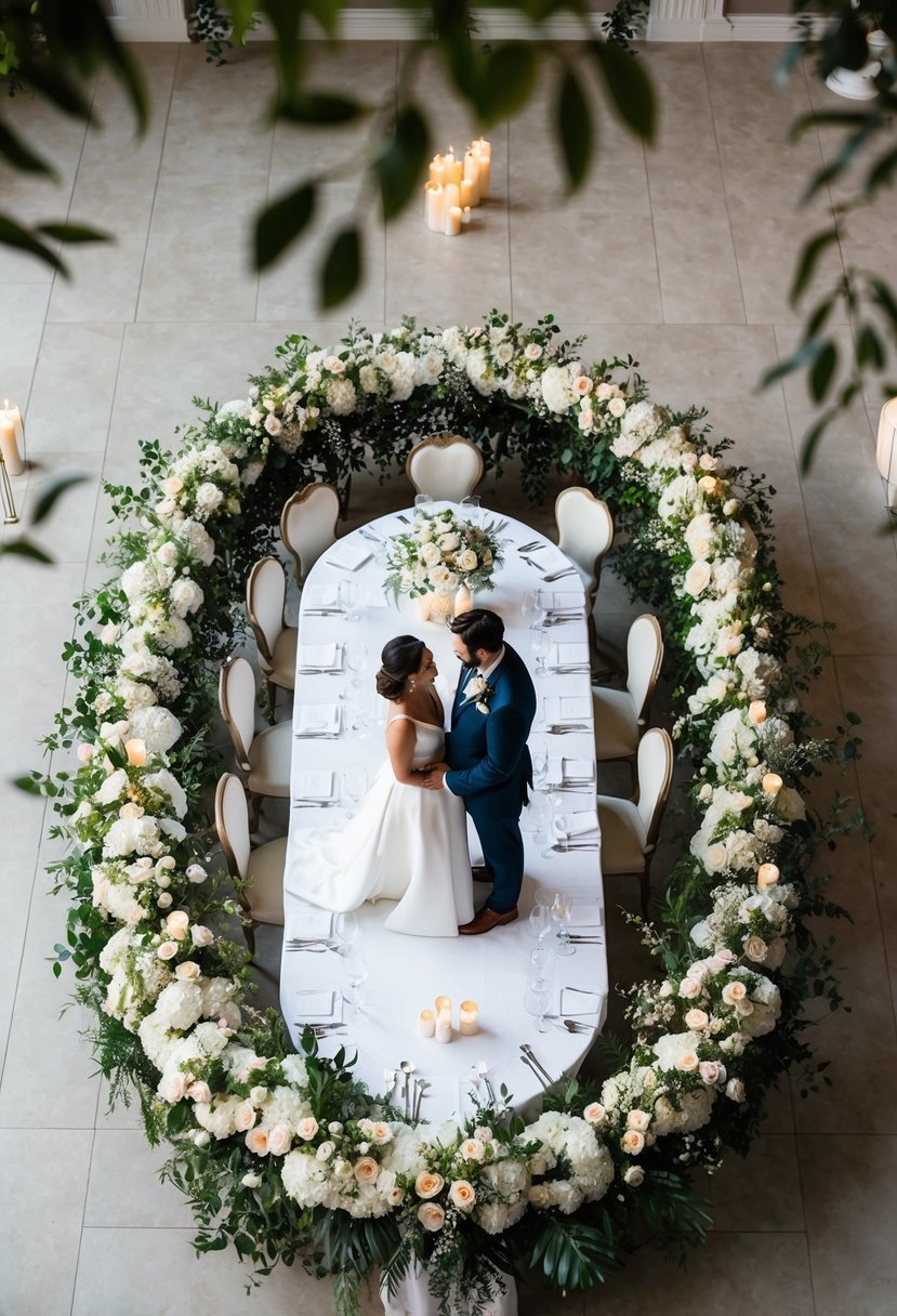 A couple stands at the center of a U-shaped wedding table, surrounded by elegant floral and candle decorations