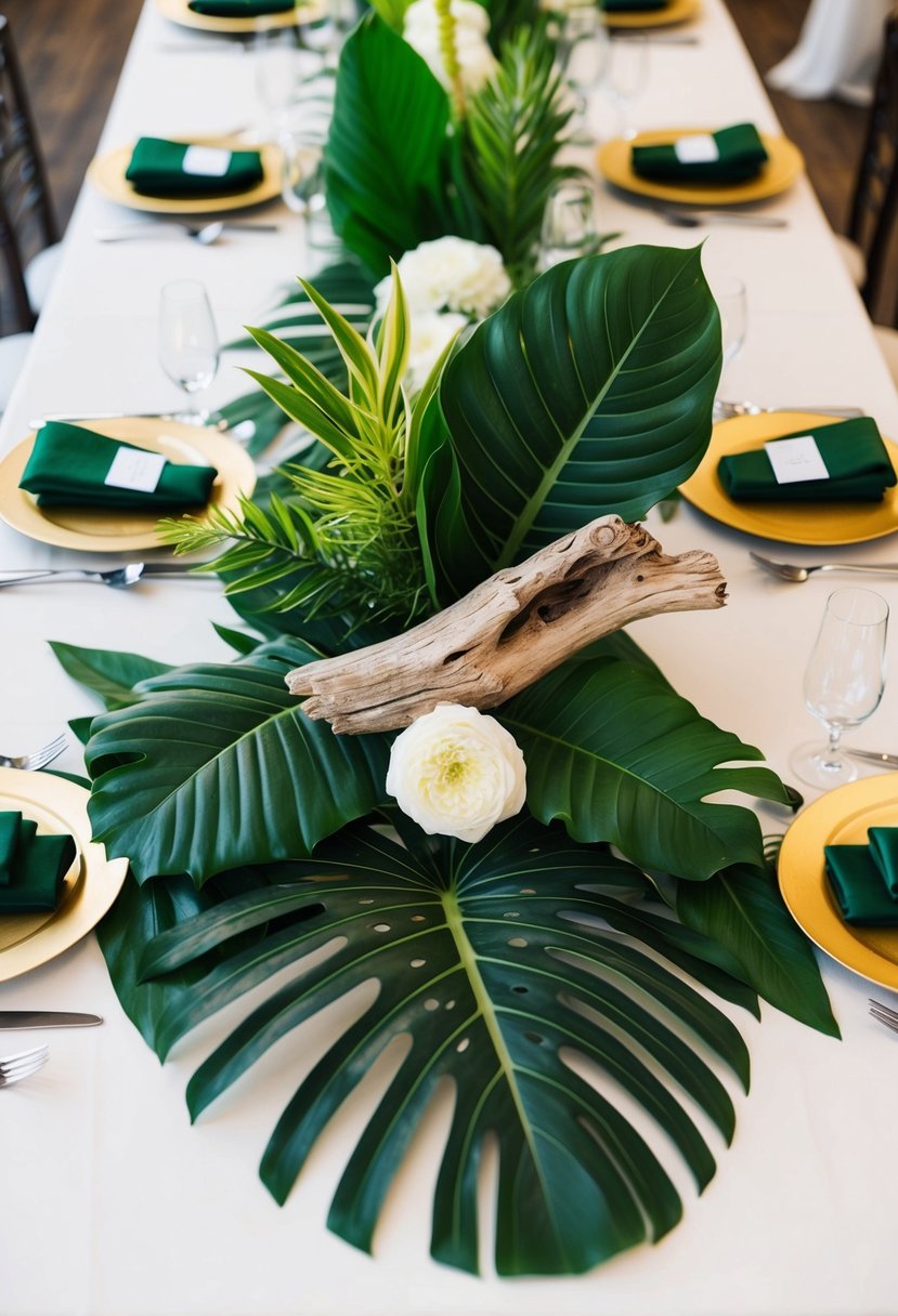 Lush tropical leaves arranged around a weathered piece of driftwood on a wedding table