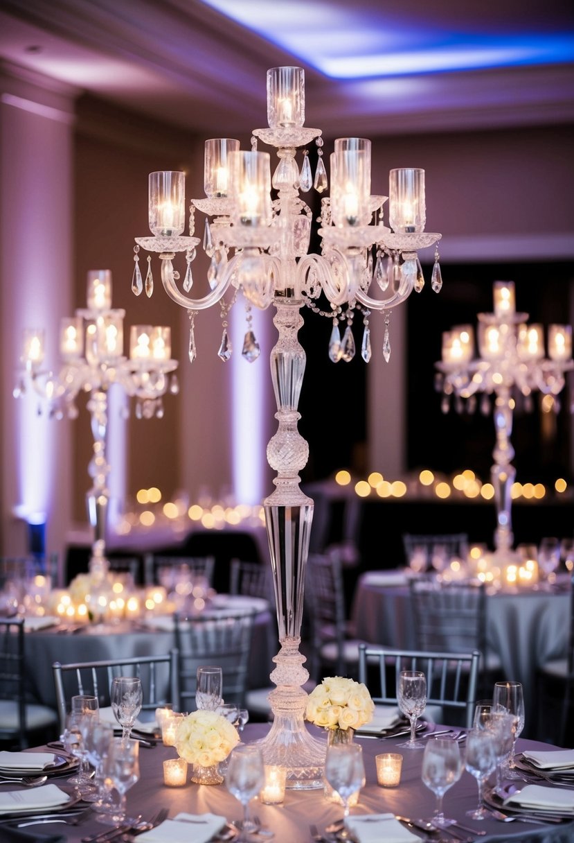 Tall crystal candelabras stand on silver tablecloths, reflecting the soft glow of candlelight at a wedding reception