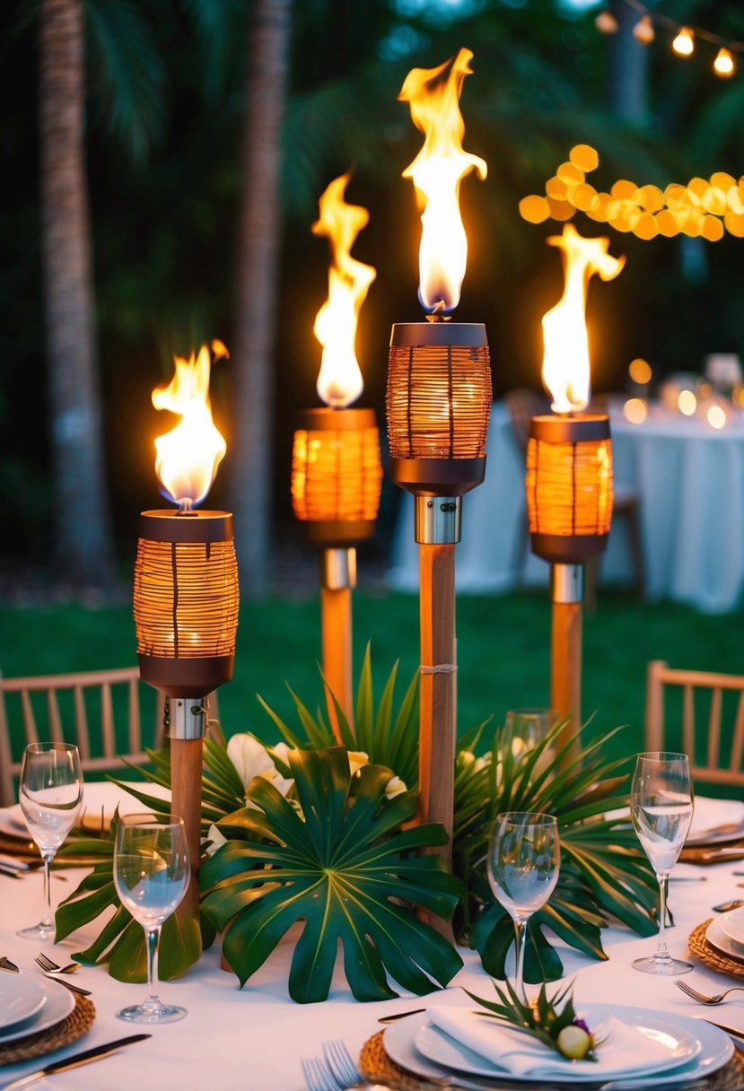 Tiki torches illuminate a table adorned with tropical leaf arrangements, creating a warm and inviting atmosphere for a wedding celebration