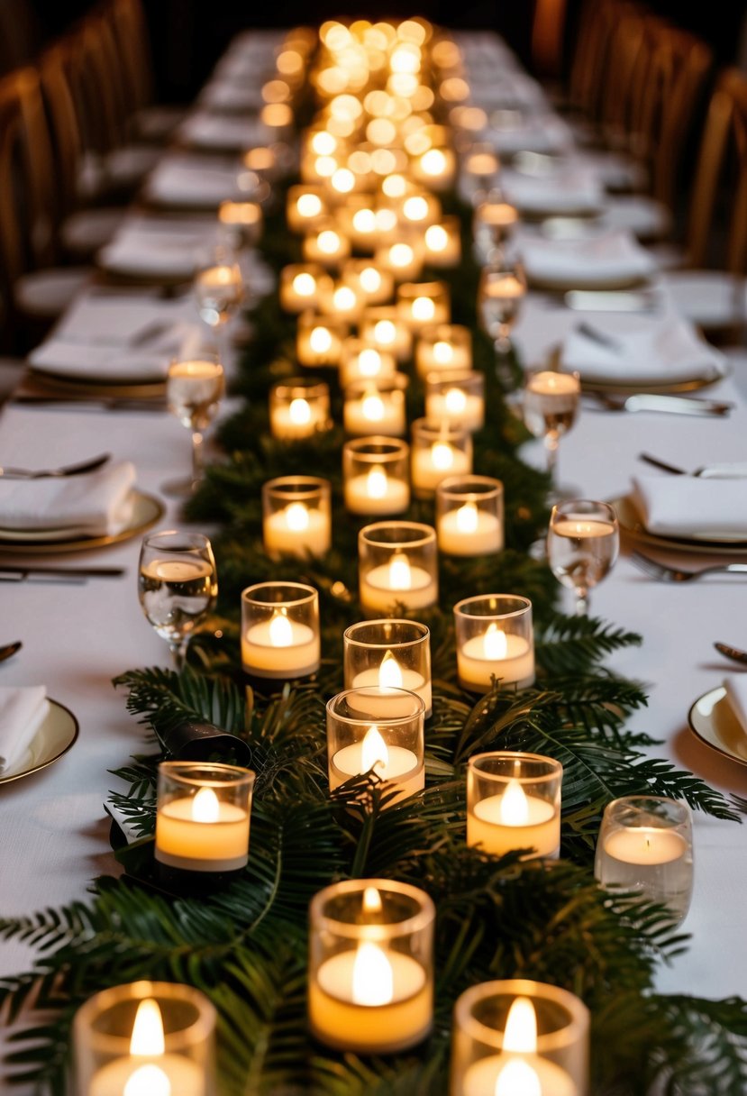 Battery tea lights scattered along U-shaped wedding table